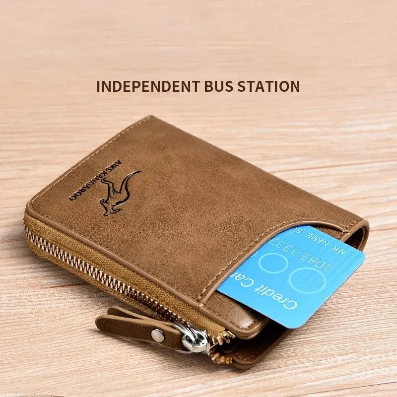 Brown leather wallet with a zipper and a credit card inside, shown on a wooden surface.