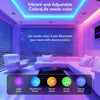 A modern living room illuminated by vibrant purple and blue LED light strips, showcasing adjustable color modes.