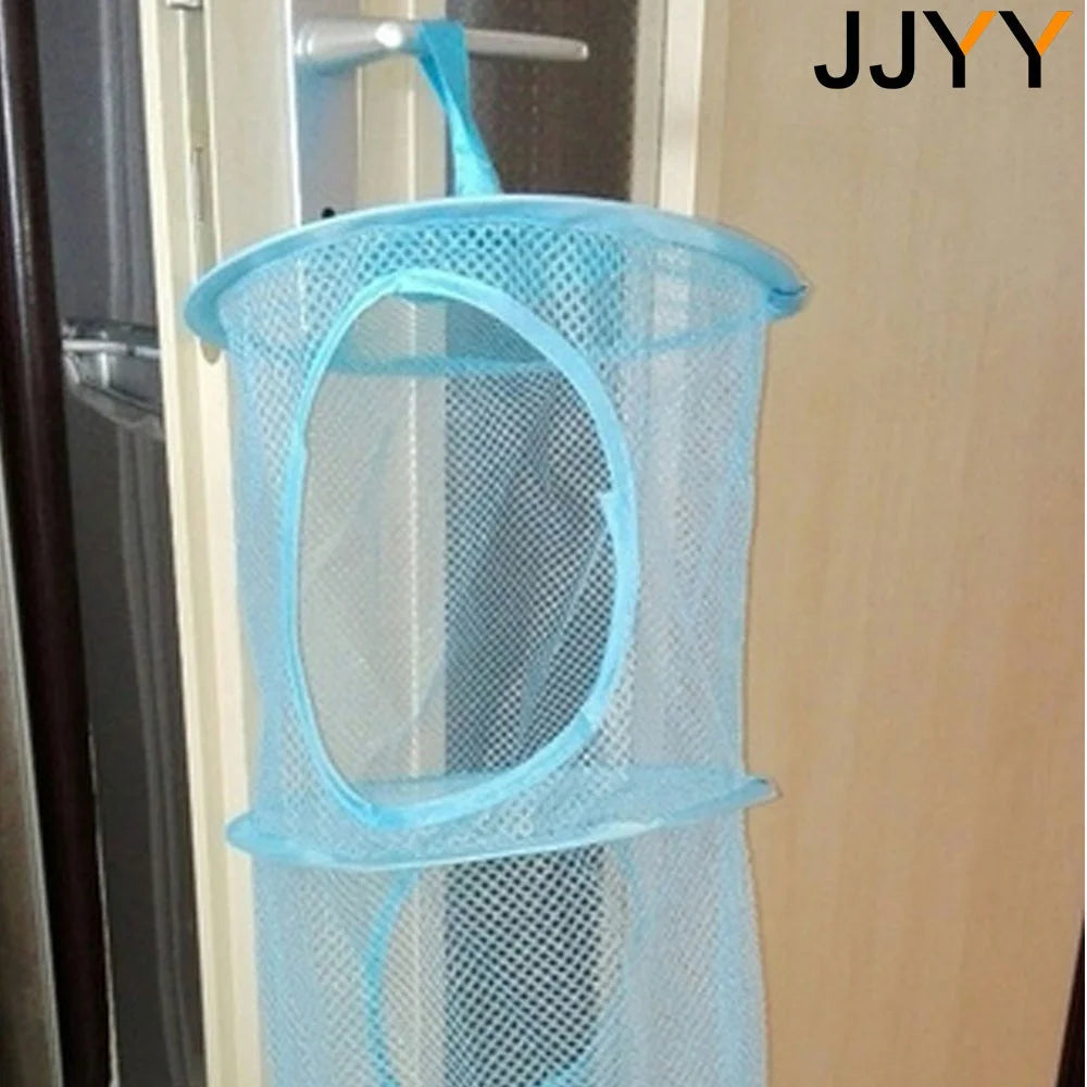 A light blue mesh hanging storage organizer with three tiers is shown hanging on a door.