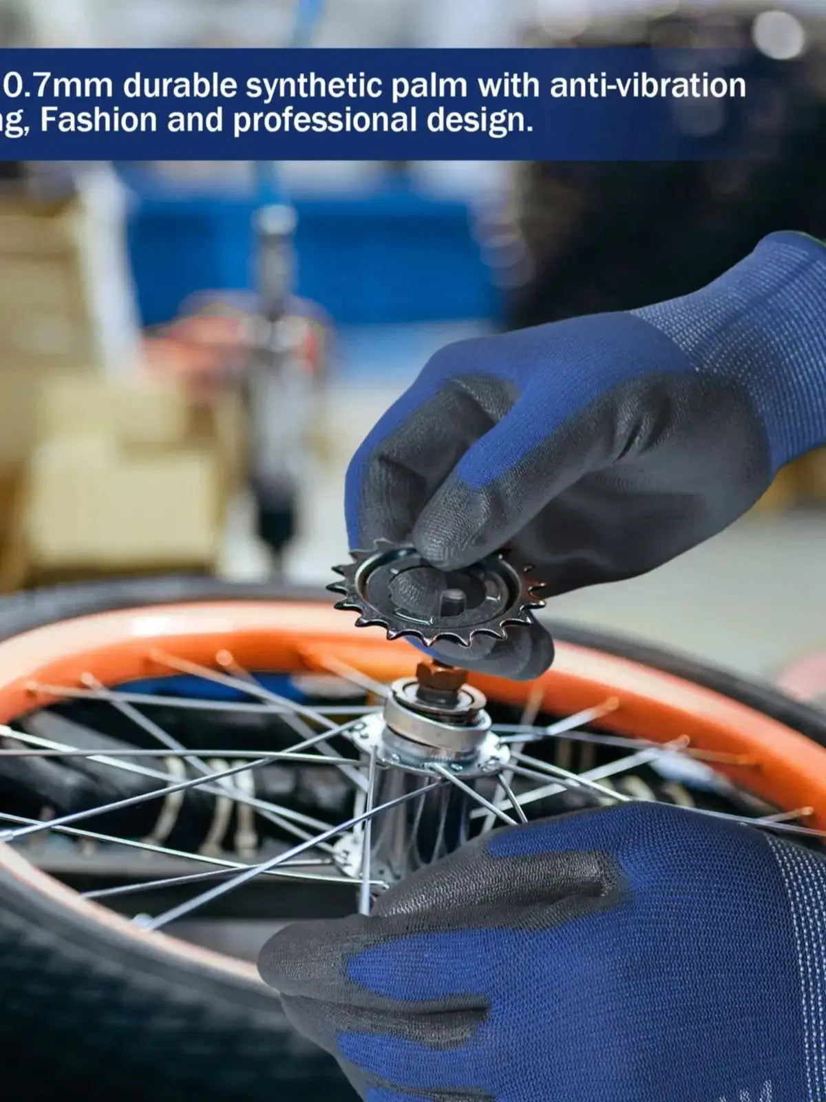 A hand wearing a blue work glove is using a tool to adjust a bicycle wheel.