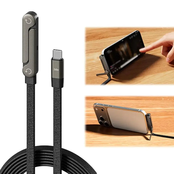 Klappbarer Handy-Ständer mit integriertem Schnellladekabel und Ladeanschluss.