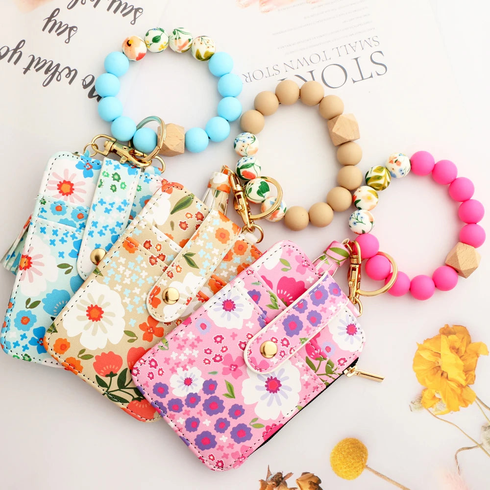 Floral Print PU Leather Wristlet Wallet with Card Holder