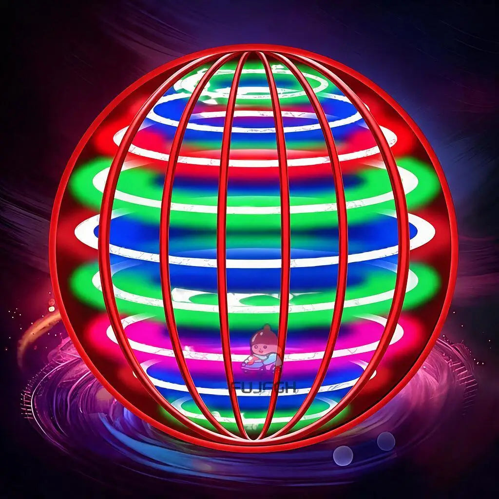 A vibrant red orb with glowing green, blue, and purple light bands, resembling a sphere or boomerang.