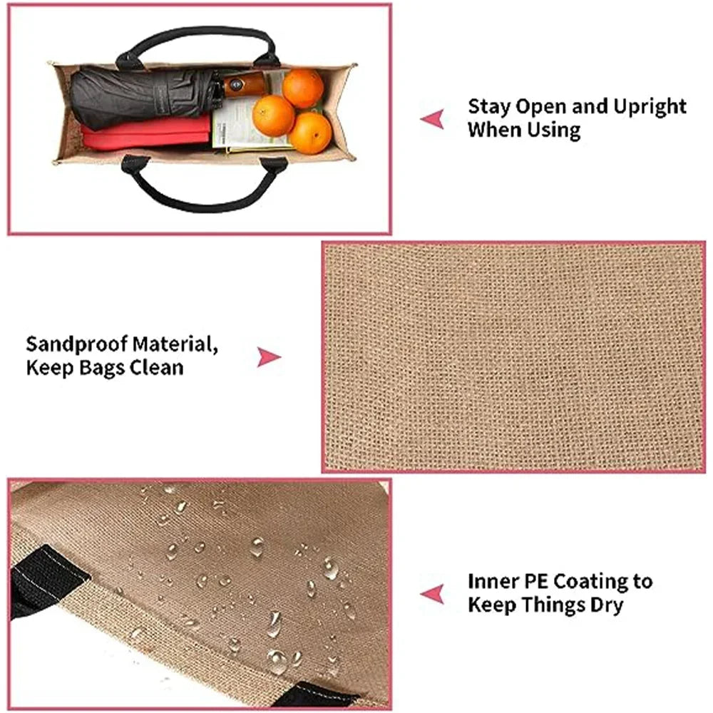 Vintage Jute Shopping Tote Bag with Waterproof Lining