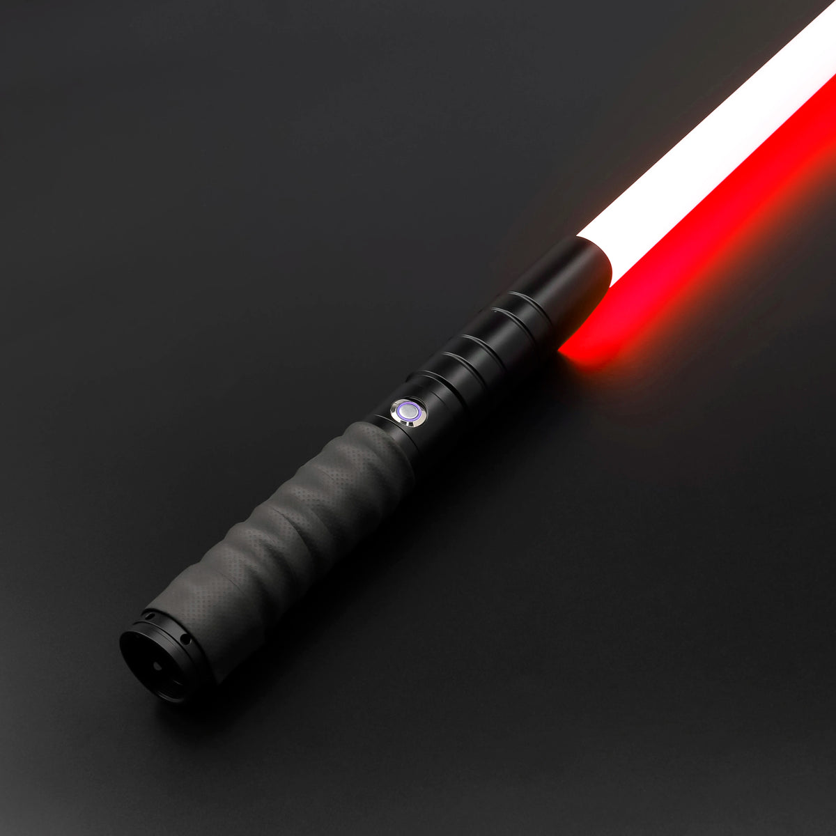 A black lightsaber with a red and white blade is shown diagonally against a dark background.