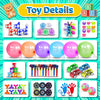 A collection of sensory fidget toys and stickers including balloons, colorful items, and small plastic toys for kids.