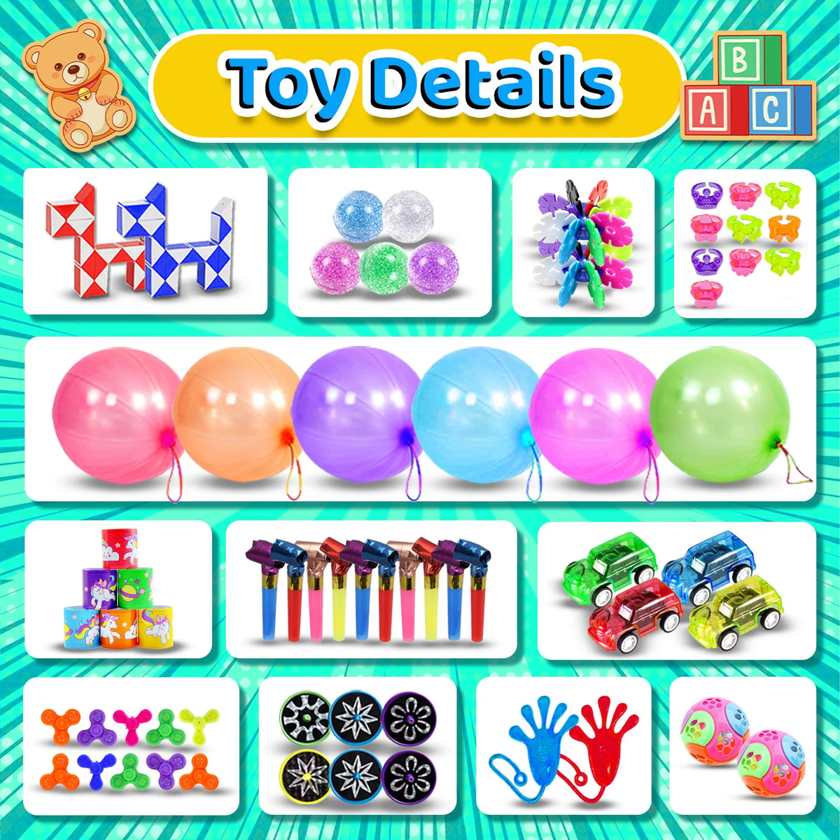 A collection of sensory fidget toys and stickers including balloons, colorful items, and small plastic toys for kids.