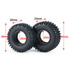 A pair of black soft rubber tires for RC crawler cars, showing various dimensions.