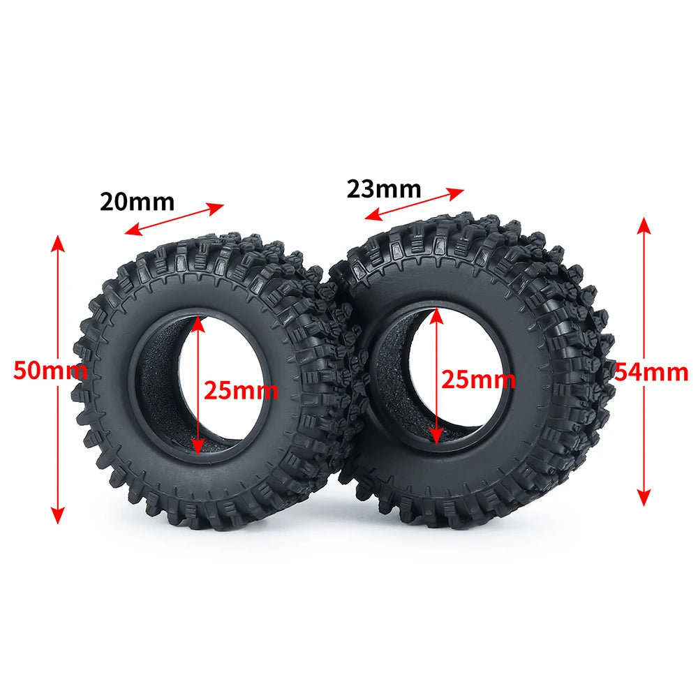 A pair of black soft rubber tires for RC crawler cars, showing various dimensions.