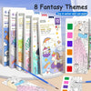 A collection of eight fantasy themed watercolor painting books and a paintbrush are displayed on a white surface.
