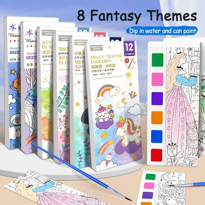 A collection of eight fantasy themed watercolor painting books and a paintbrush are displayed on a white surface.