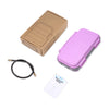 A pink portable 4-digit combination safe lock box with a cardboard insert and a black steel cable.