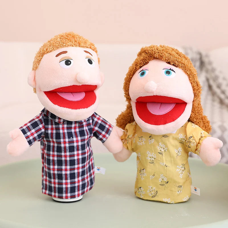 A soft plush hand puppet featuring a male character with red lips and a female character with red lips.