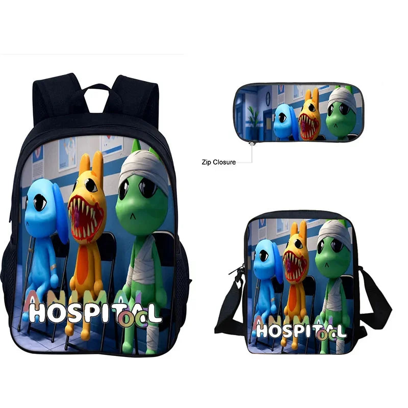 A black backpack set featuring an animal hospital theme with a zippered pouch and a separate crossbody bag.