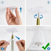 Four steps demonstrating how to install an elegant mosquito net bed canopy.