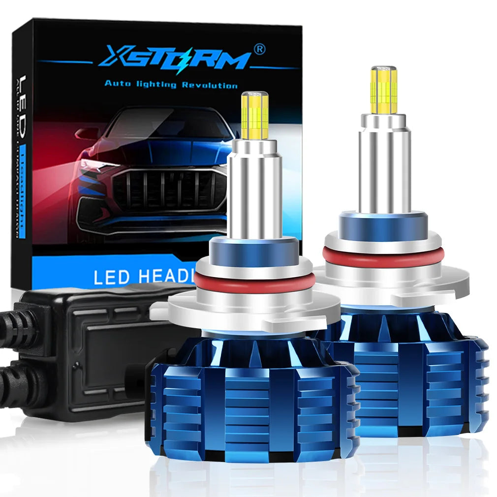 A set of XSTORM H7 LED headlight bulbs and mounting bases for automotive lighting.