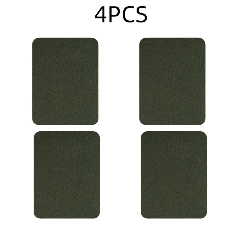 Four dark olive green iron-on fabric patches for clothing repair or DIY decor
