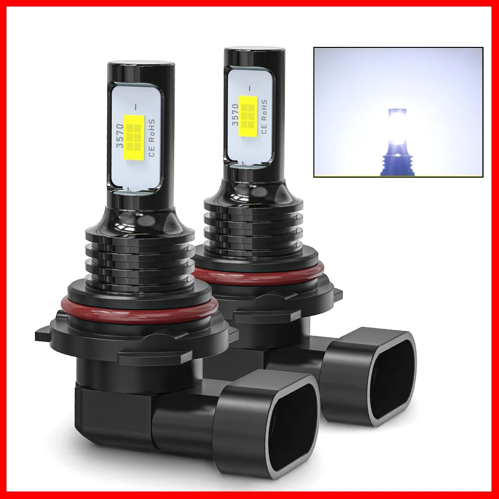 A pair of LED fog and DRL bulbs with a 360 degree beam angle shown in black housing.