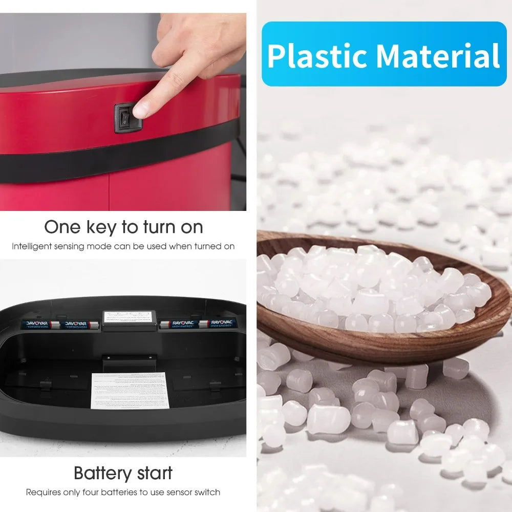 A red and black automatic touchless trash can with a sensor switch and battery start mechanism.