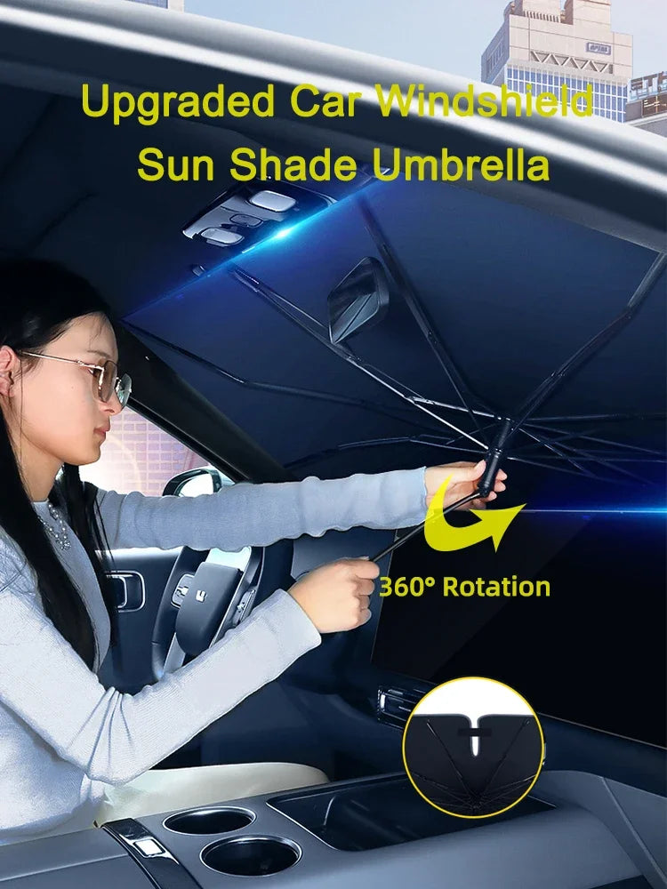 A woman is using an upgraded car windshield sun shade umbrella with 360 degree rotation in a car interior.