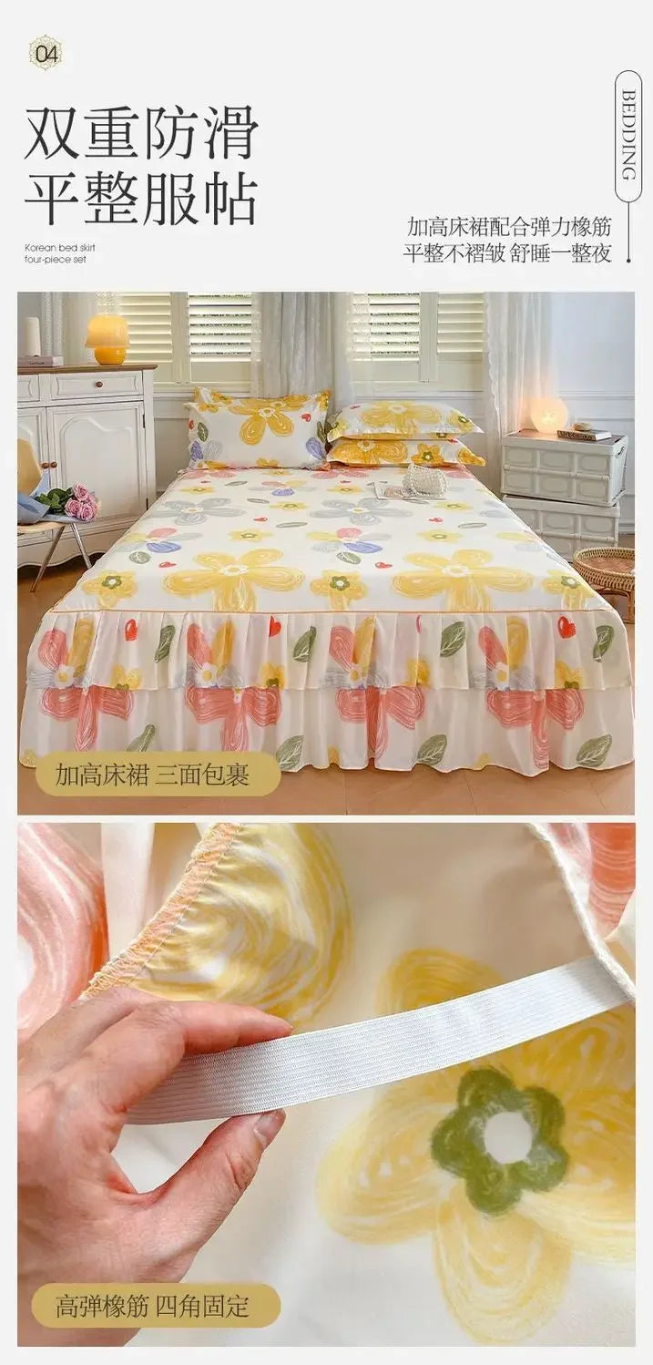 Floral Bed Skirt Set with Anti-Slip Mattress Cover