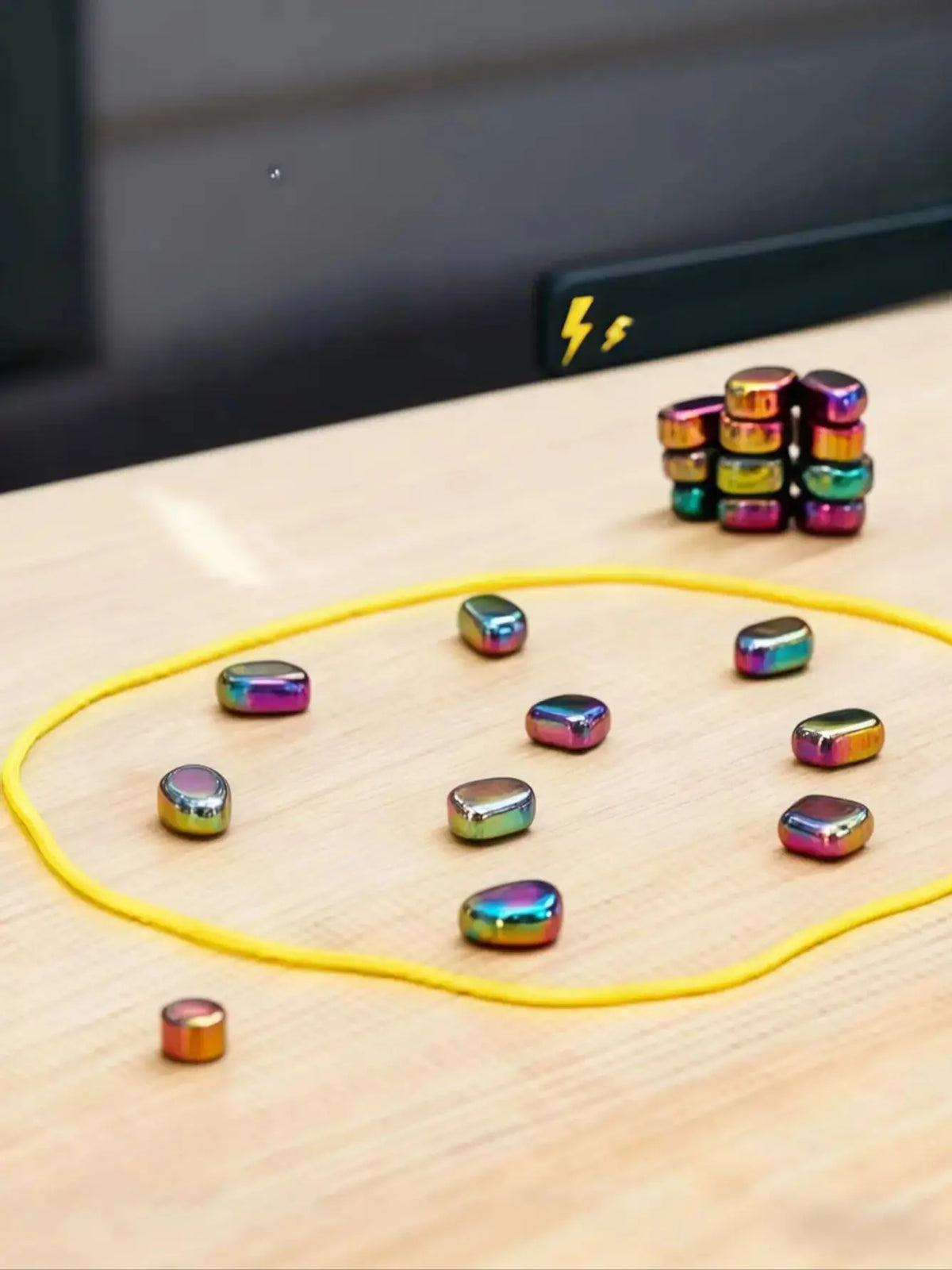 Ein geligner Faden hält mehrere bunte magnetische Schachfiguren auf einer Holzoberfläche.