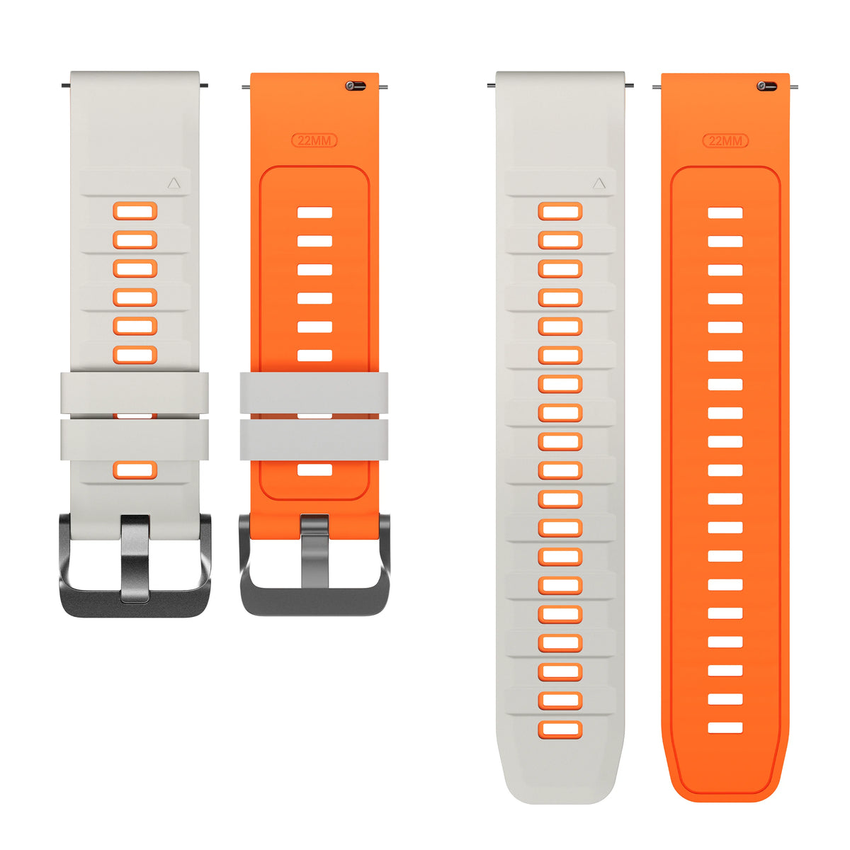 Three silicone watch bands and protective cases for a Redmi Watch Active 5 or Watch 5 Lite in white and orange colors.