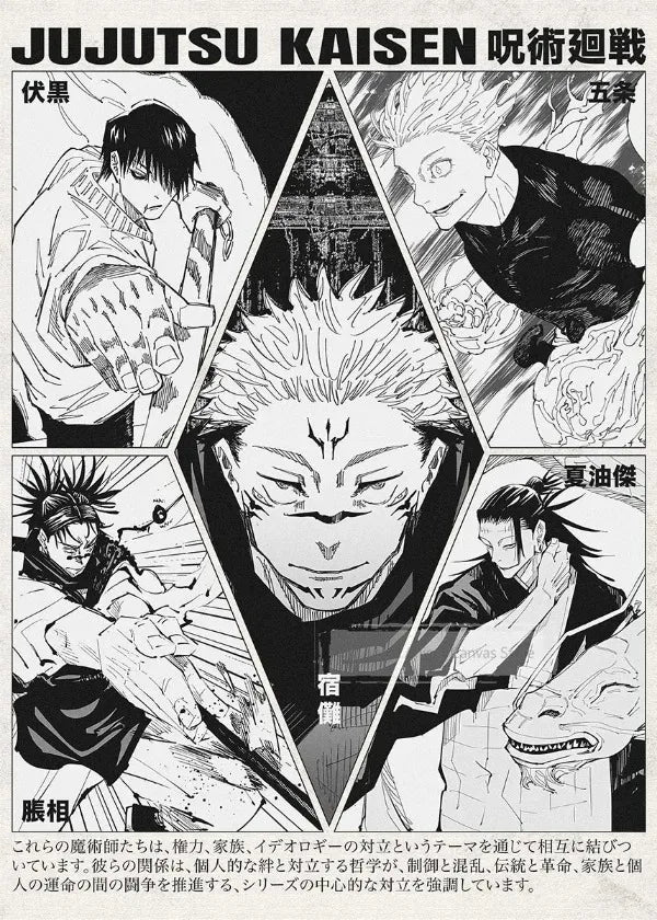 A poster featuring characters from Jujutsu Kaisen, including Itadori Yuji and Gojo Satoru.