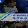 A hand is assembling a 21-piece magnetic sleeve kit with color-coded sockets on a vehicle component.