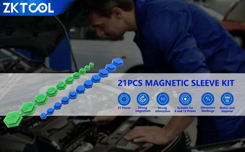 A hand is assembling a 21-piece magnetic sleeve kit with color-coded sockets on a vehicle component.