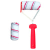 A red paint edger roller with a white and red striped foam roller attached.