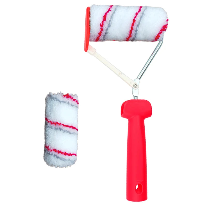 A red paint edger roller with a white and red striped foam roller attached.