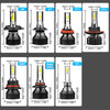 A collection of 14mm LED headlight bulbs in various models H4, H7, H11, H13, and H1, including a pair of 9007 bulbs.