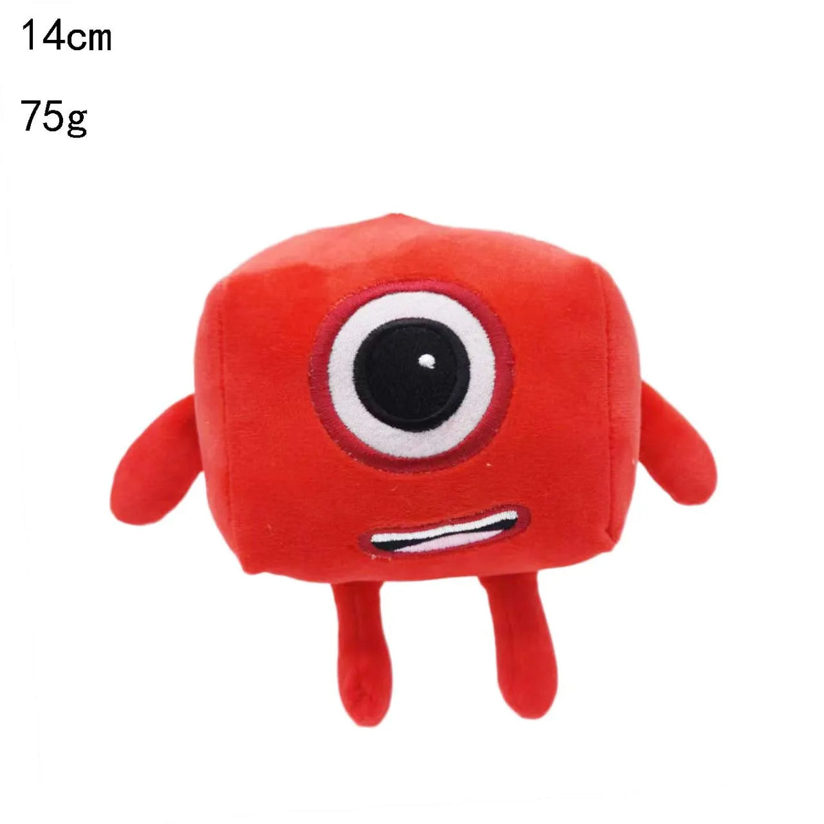 A bright red plush doll shaped like an eye with a black pupil and small appendages.