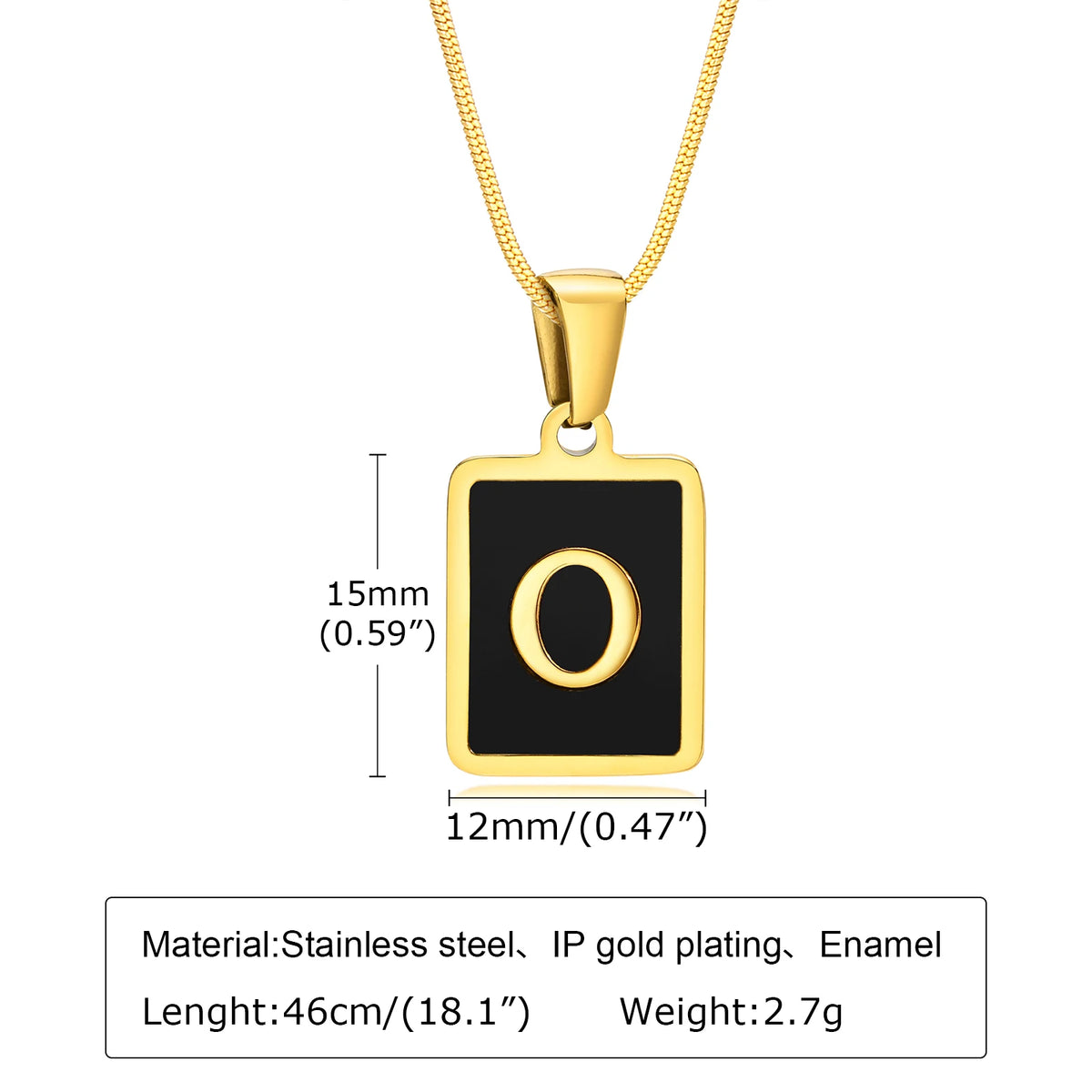 Gold-plated stainless steel initial pendant necklace featuring a black square with a gold letter O