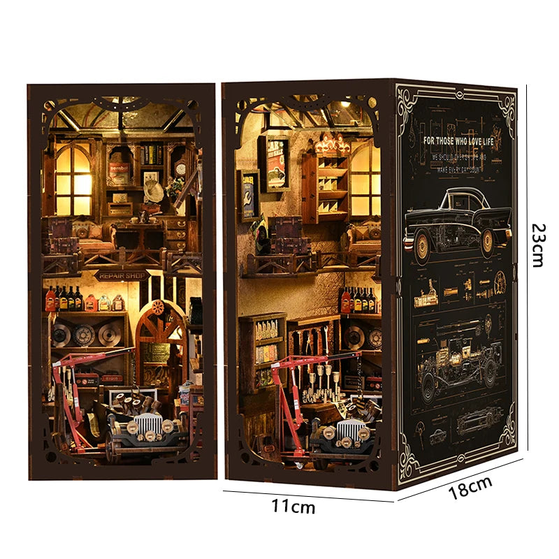 A wooden book nook kit featuring a detailed interior scene with LED lighting and miniature furniture.