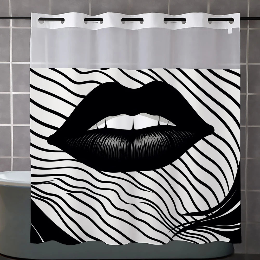 A shower curtain featuring a black and white striped pattern of lips.