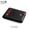 A black slim leather bi-fold wallet with RFID protection features visible.