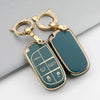 A gold-toned key fob with a green silicone case featuring a panic button and other icons.