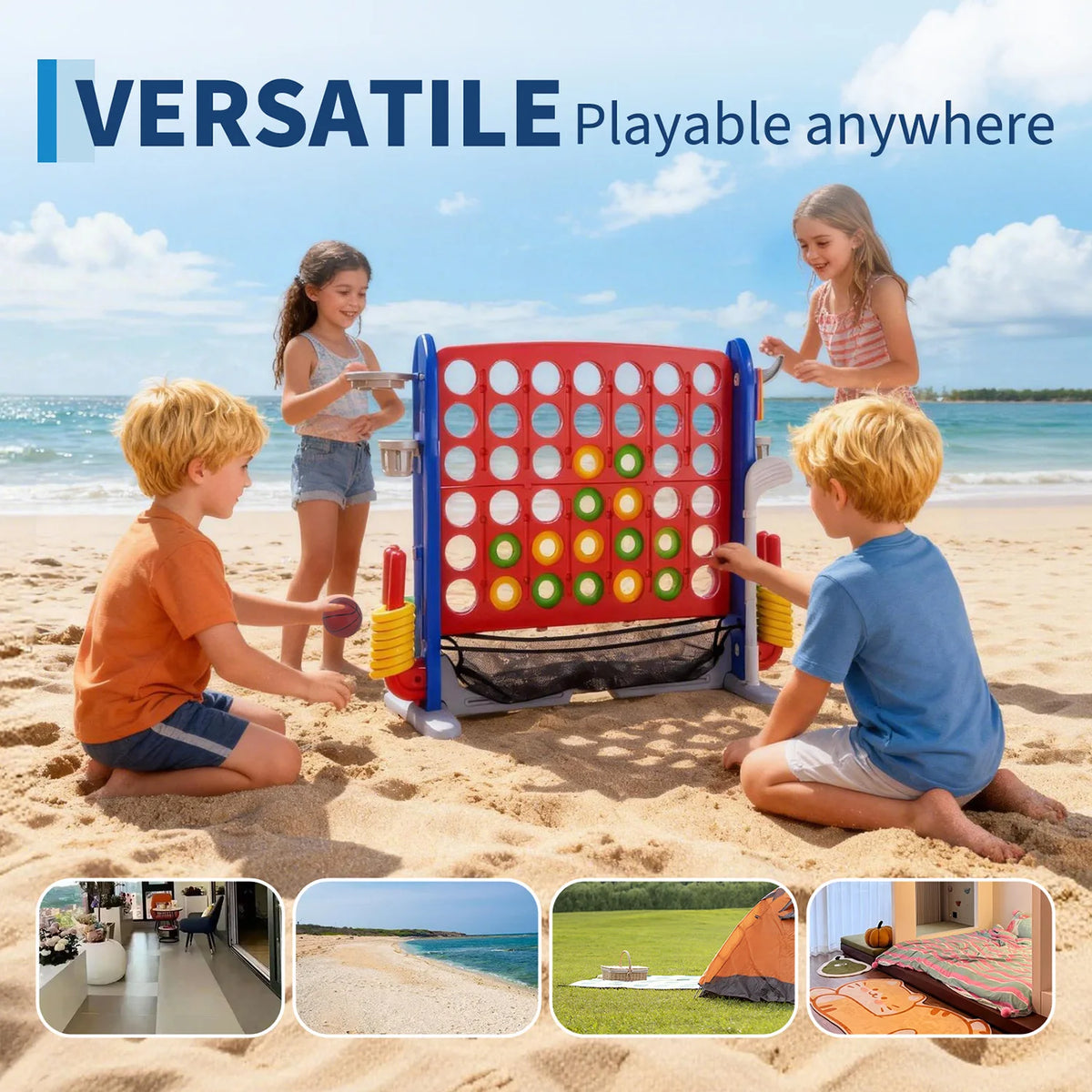 Children playing with a red and blue outdoor game set featuring a basketball hoop and ring toss on a sandy beach.