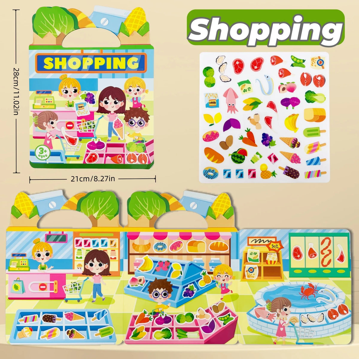 A colorful reusable sticker book for toddlers featuring various learning activities and stickers.