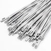 A collection of silver stainless steel cable ties arranged diagonally.