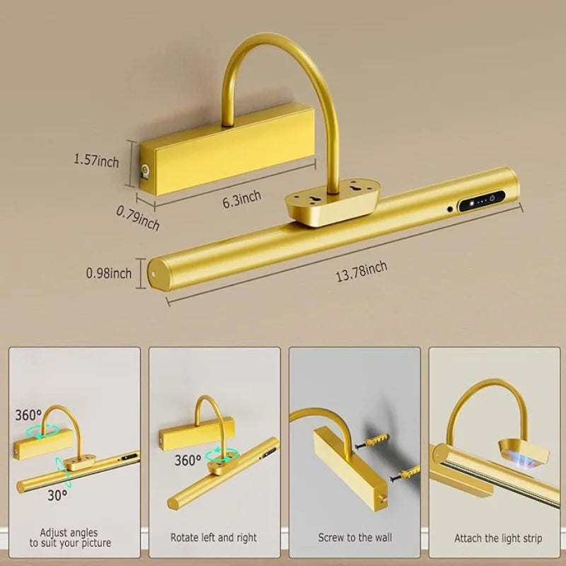 A gold-colored cordless rechargeable picture light assembly showing various installation and usage angles.