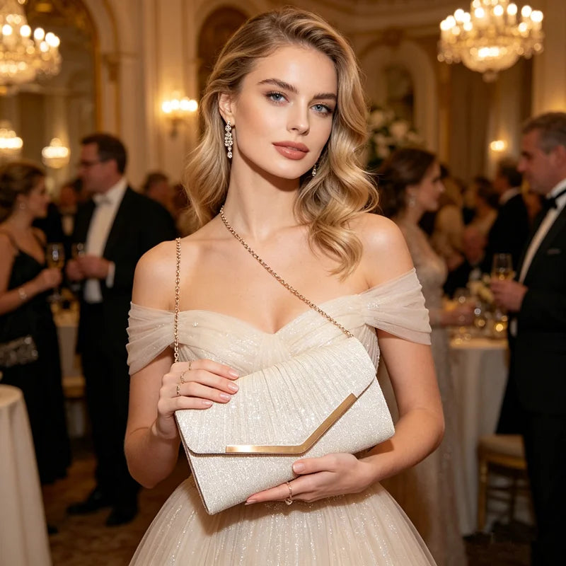 A woman wearing a beige pleated glitter envelope clutch with a gold chain strap at an elegant event.