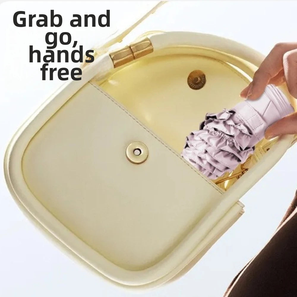 A hand is removing a lace umbrella from its protective case, demonstrating the grab and go feature.