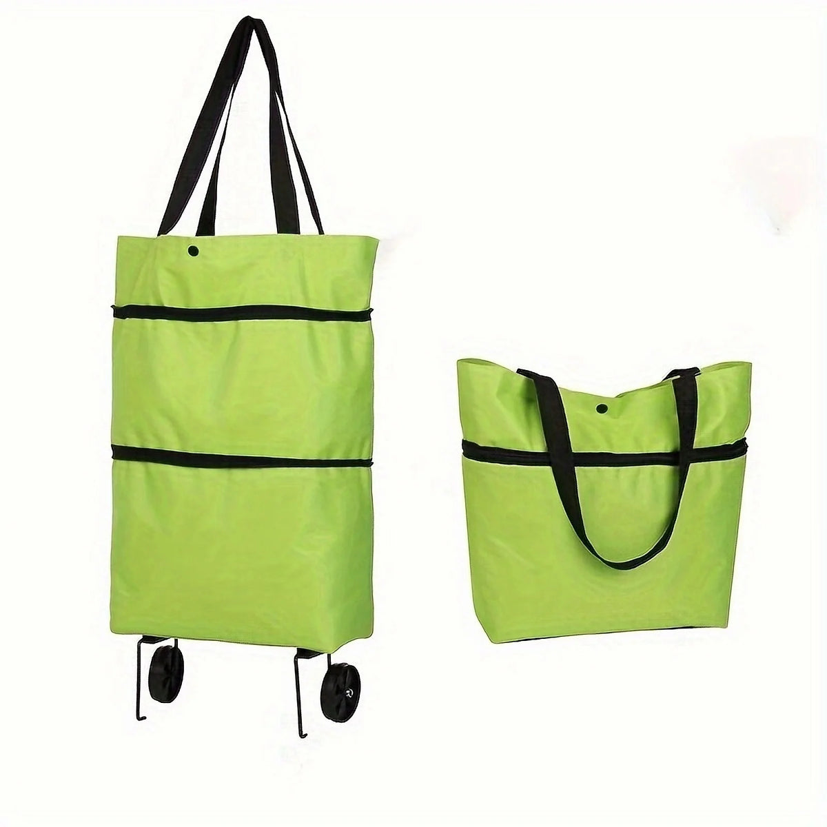 A lime green foldable rolling shopping bag with black handles and wheels.