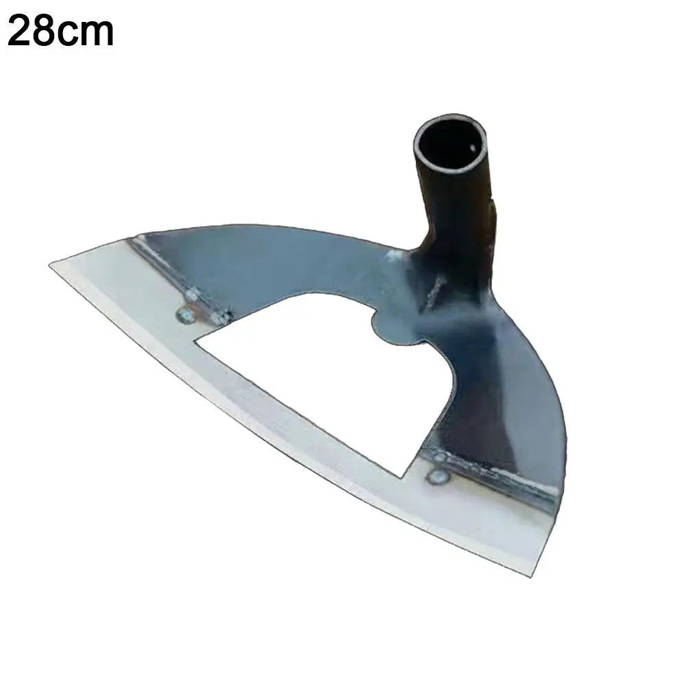 A metal weeding rake with a curved blade and a pipe opening, shown from the side.