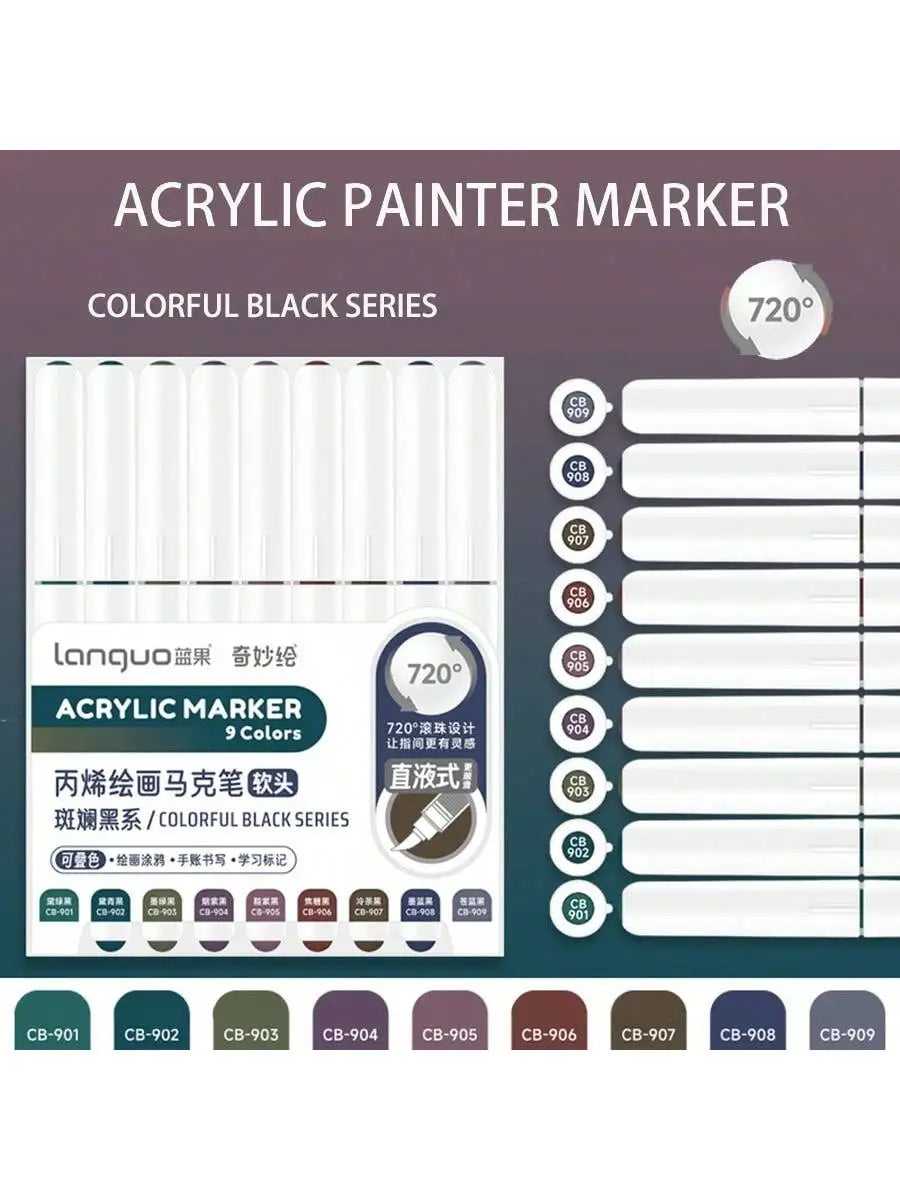 Acrylic paint marker set with 9 colors in black series featuring 720 degree tips for art and DIY