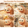 Hands hold a translucent glitter dumpling squeeze toy in various daily life scenes including office, school, home, and commut