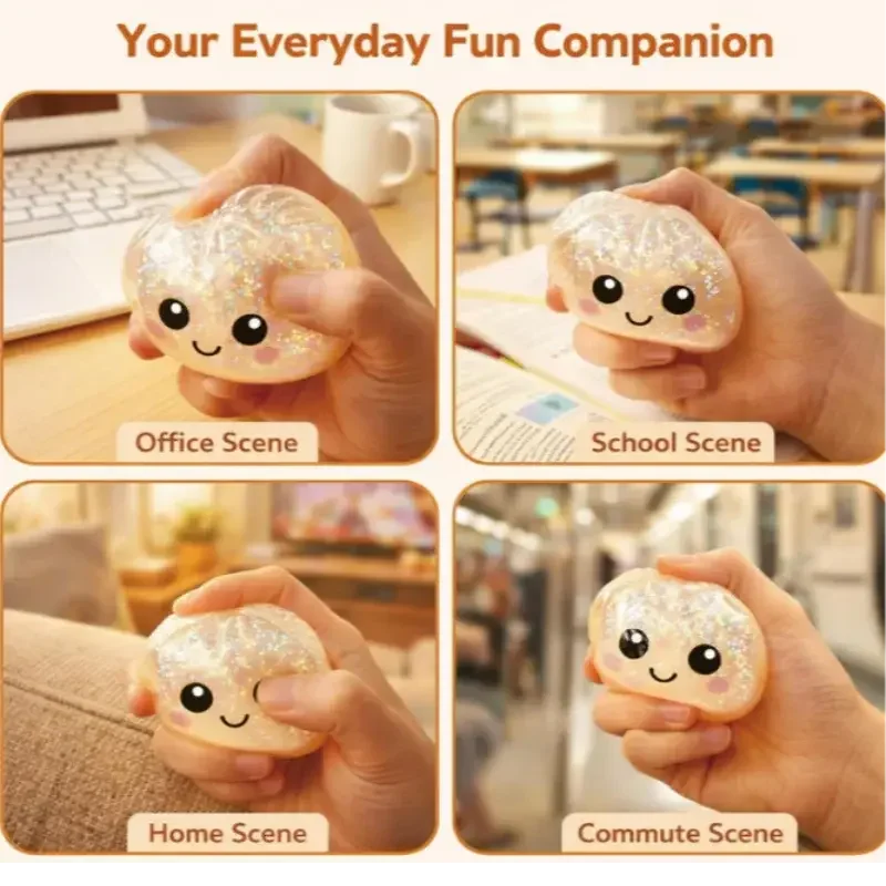Hands hold a translucent glitter dumpling squeeze toy in various daily life scenes including office, school, home, and commut